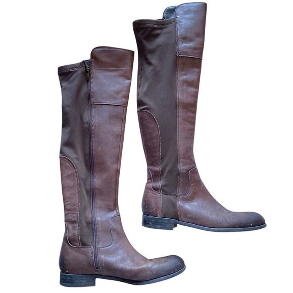 Franco Sarto Knee High Riding Boots Stretch Zip Up Leather Brown Womens Size 8.5 - Picture 1 of 7